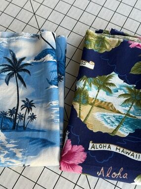 Vintage Hawaiian Fabric Lot Trans-Pacific Aloha Hibiscus + Trendtex Beach Scenic
